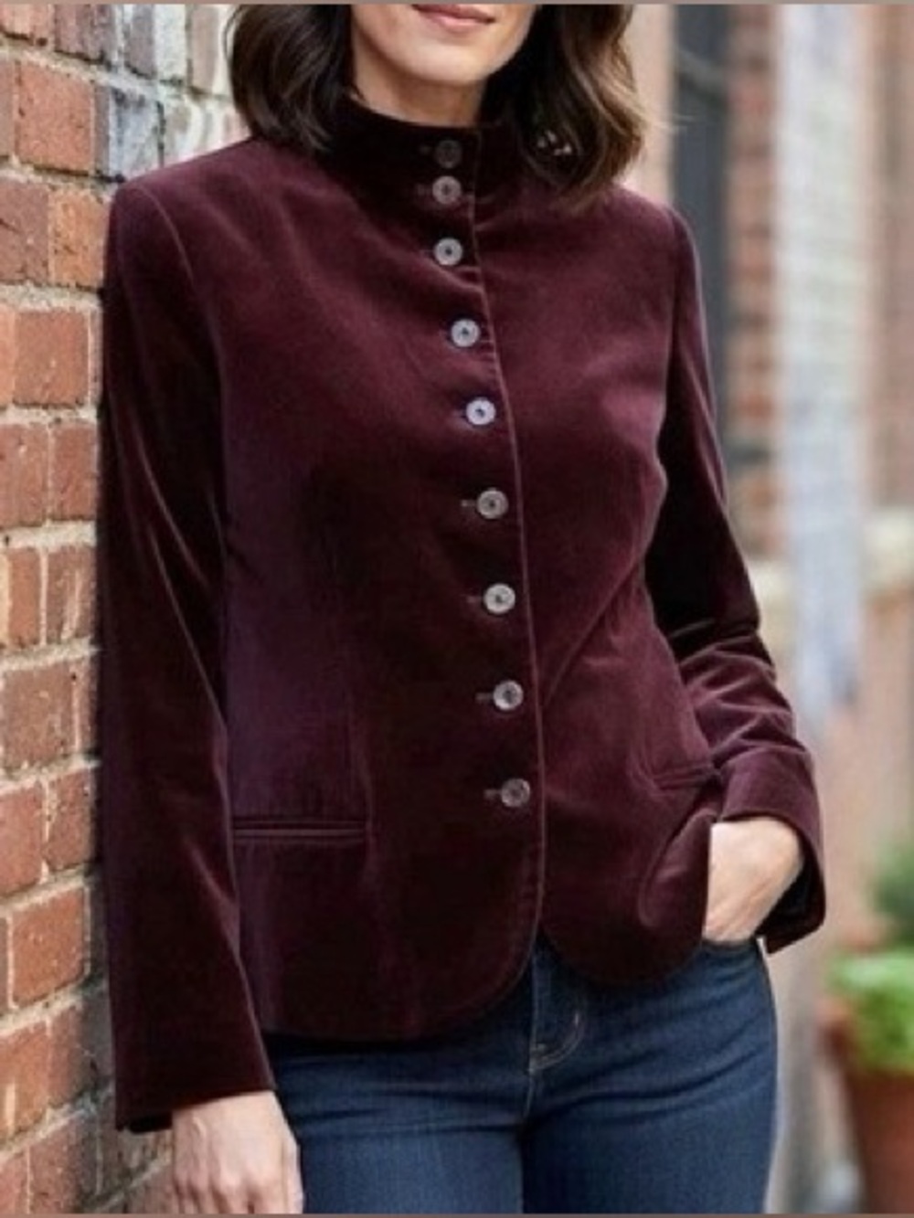 Women’s Vintage Chaps Burgundy Velvet Button Front Military Style Jacket Size 16